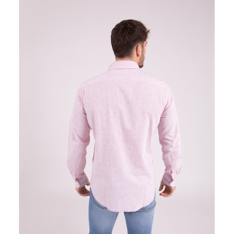 Chemise manches longues unie rose en coton lin