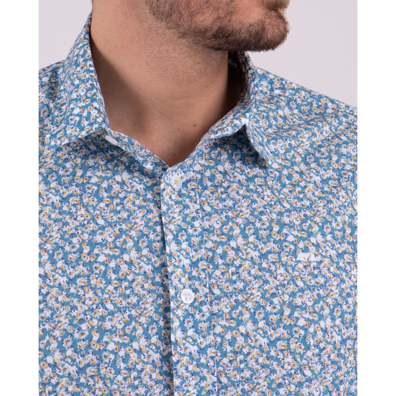 Chemise manches longues imprimée fleurs bleu