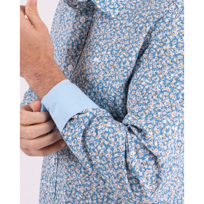 Chemise manches longues imprimée fleurs bleu