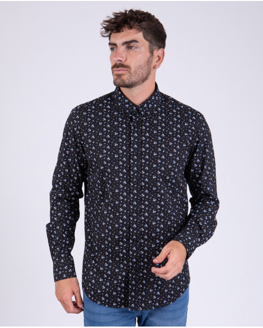 Chemise manches longues noir à fleurs