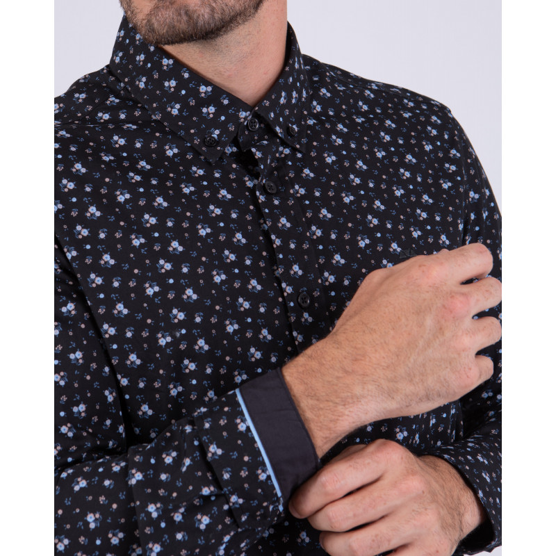 Chemise manches longues noir à fleurs
