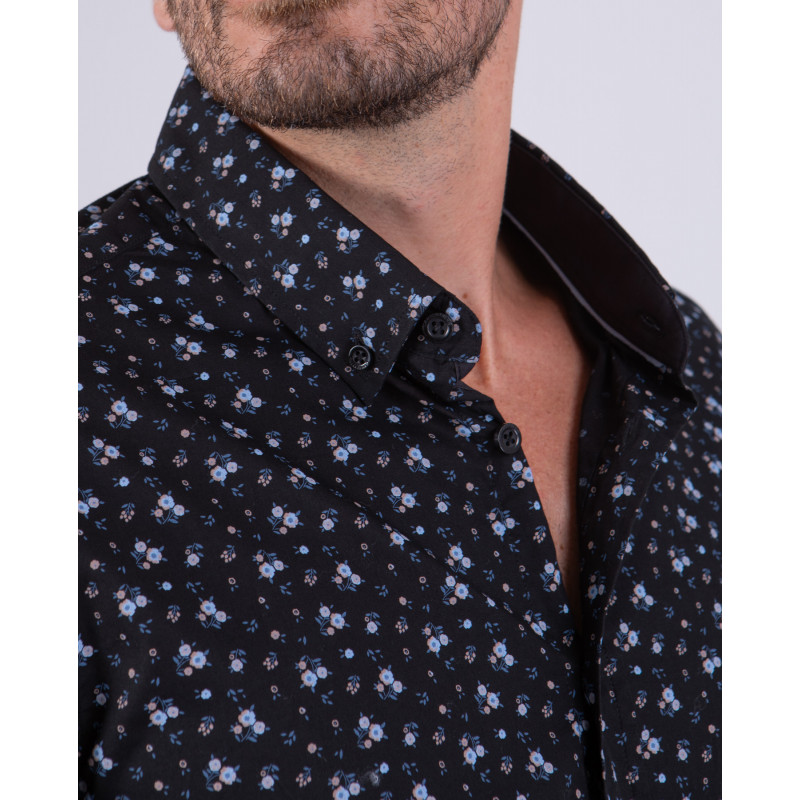 Chemise manches longues noir à fleurs