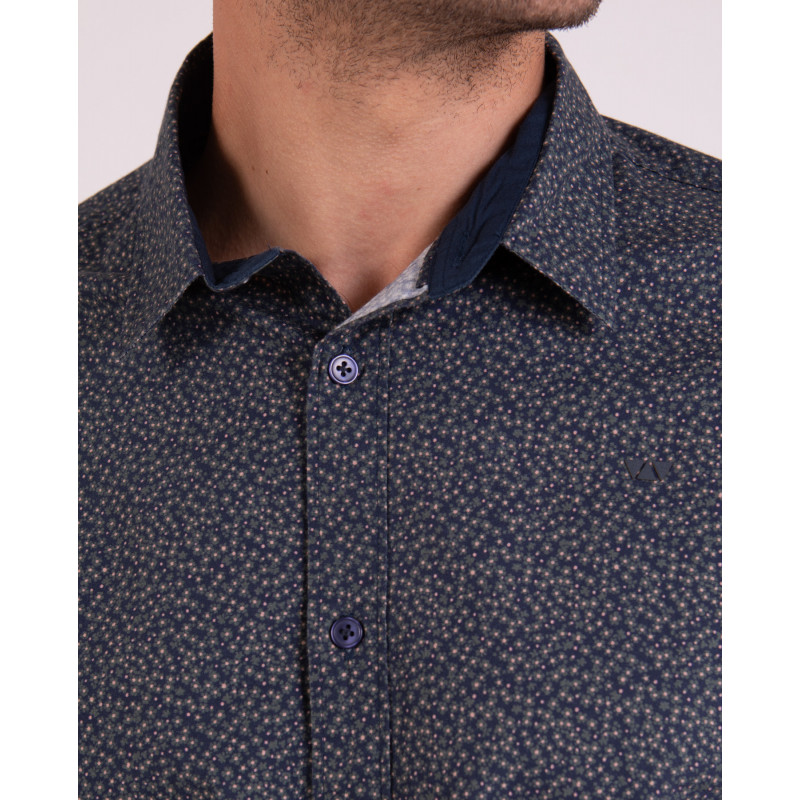 Chemise manches longues kaki à petites fleurs